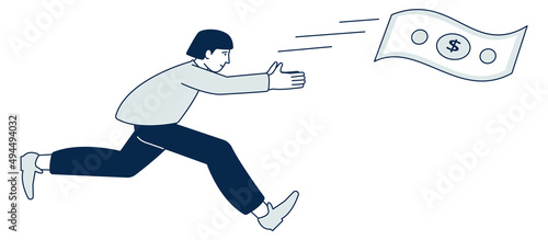 Guy chasing flying dollar bill. Person running for money