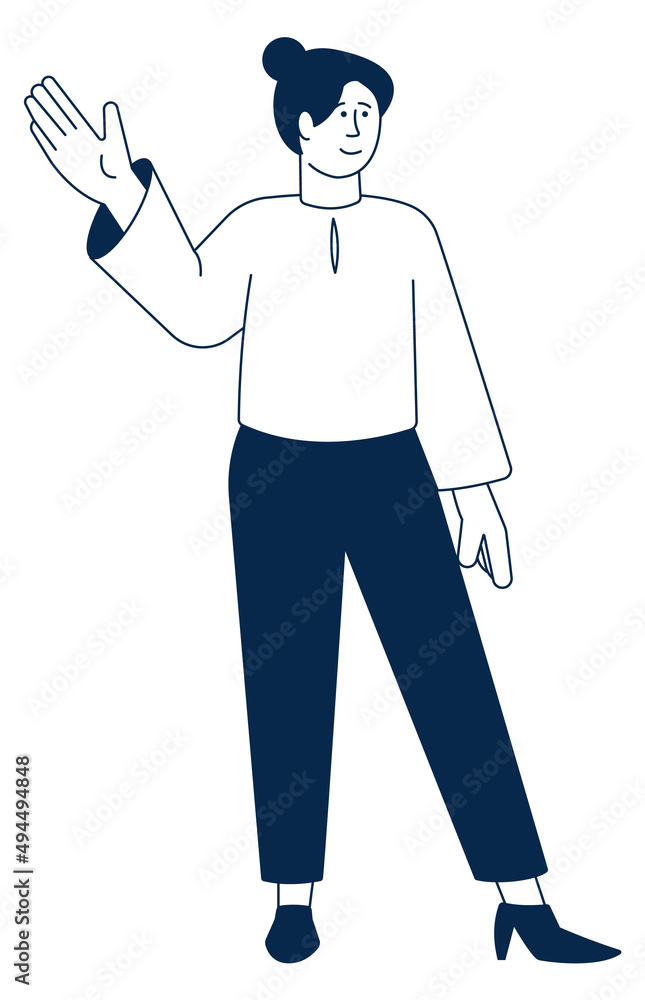 Smiling woman waving hand. Friendly character greeting Smiling woman waving hand. Friendly character greeting