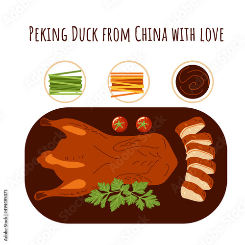Peking duck top view. Food from China. Cuisines of the world. Vector illustration isolated on a white background