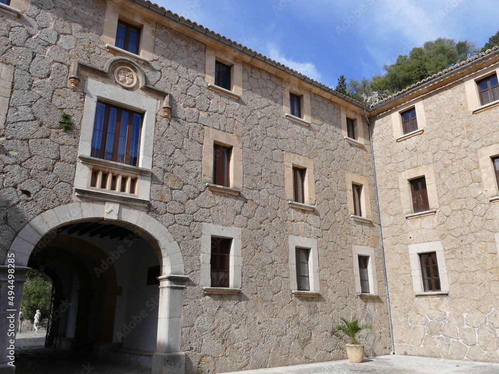 Buildings around the courtyard of the LLuc Sanctuary, Mallorca, Balearic Islands, Spain