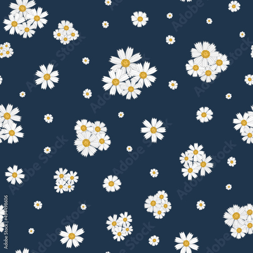 Chamomile floral seamless vector pattern background. Scattered groups of flower heads of ancient medicinal herb on blue backdrop. Painterly botanical flora. Nature garden flowers all over print.