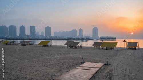 Beautiful Katara beach during the early morning with mist in the background.
