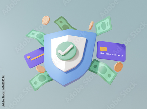 Cartoon protection shield icon and check mark with security, banknote, coins, debit ,credit card, Finance saving secure money online payment protec system, illustration. 3d render photo