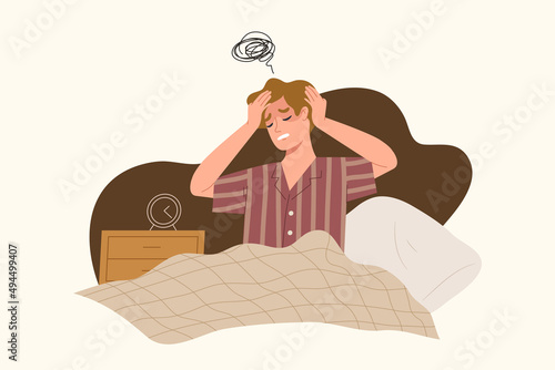 Young man is suffering from insomnia. Sleepless male is upset by waking up at night and can't sleep. Concept of suffering from insomnia, headache, stress, depressive mental illness. Flat vector.