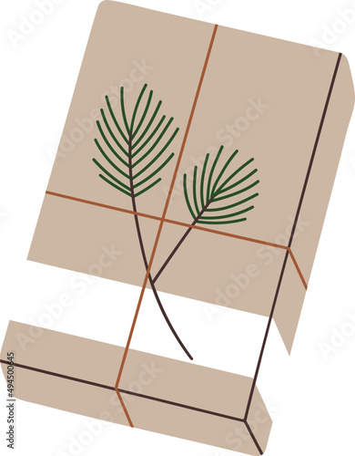 Christmas Gift in Kraft Paper With Branch Decor Colored Illustration