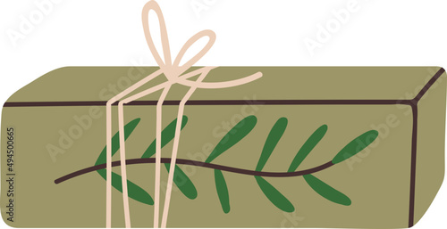 Christmas Gift Box with Green Branch Colored Illustration