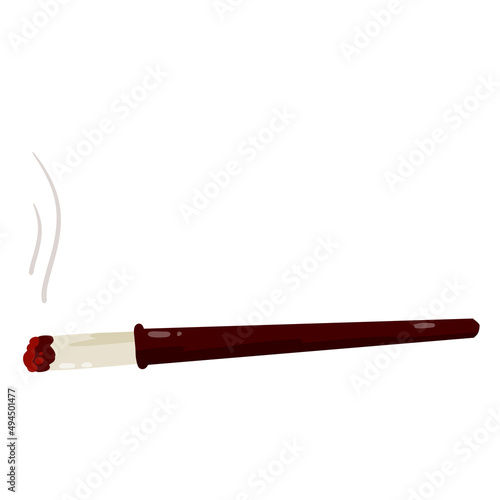 Smoking cigarette in long holder. Bad habit. Harm and health. Flat cartoon illustration isolated on white. Vintage object