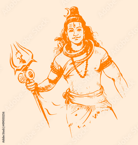 Illustration of the Indian god Shiva on the orange background