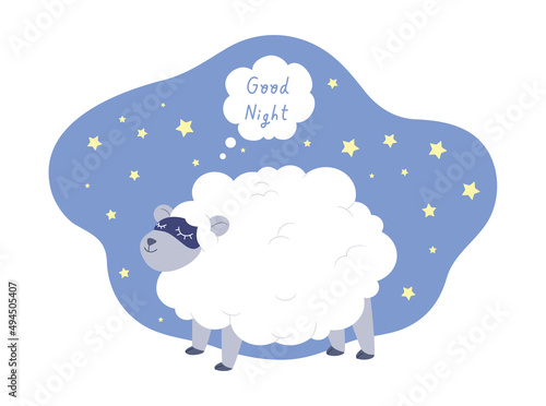 Cute fluffy sleeping sheep wearing eyes pad with "Good Night" message on blue sky plenty of stars. Concept of good dream, sleeping. Cartoon for kids. Flat vector illustration.