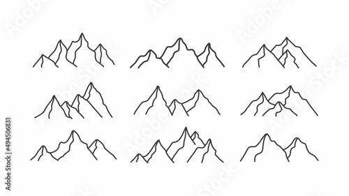 Mountain icon logo vector illustration for outdoor sport graphic design. Set of top landscape symbol with minimal line style