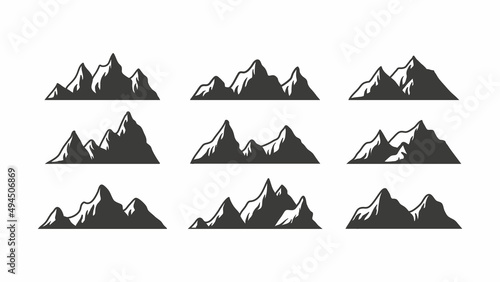 Mountain icon logo vector illustration for outdoor sport graphic design. Set of silhouette landscape art concept.