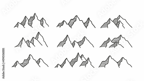 Mountain icon logo vector illustration for outdoor sport graphic design. Set of top landscape symbol with minimal outline style