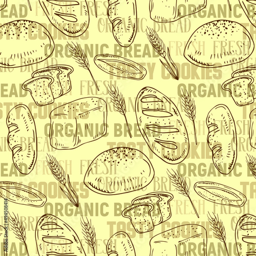Vector doodle sketch style breads and baguettes bakery seamless pattern