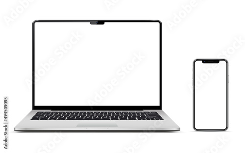 Isolated devices mockup. Smartphone and laptop with blank screen.