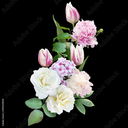 White roses, peony, tulip, flox isolated on black background. Floral arrangement, bouquet of garden flowers. Can be used for invitations, greeting, wedding card.