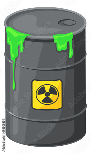 Hazard barrel with dripping green liquid. Radioactive waste icon