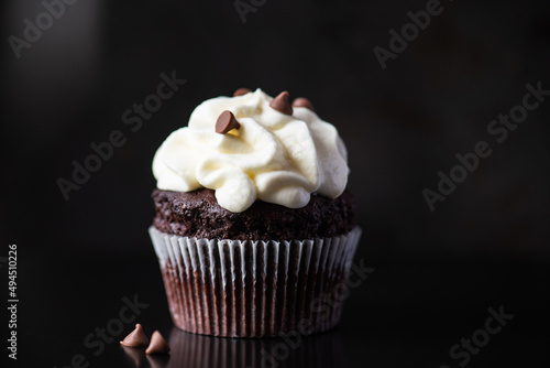 One chocolate cupcake with whipped cream frosting and chocolate chips.