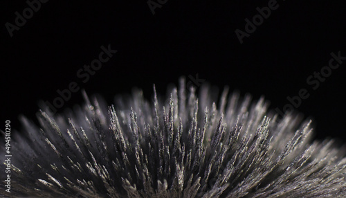 Dust reaction to the magnetic field of a strong neodymium magnet on a black background