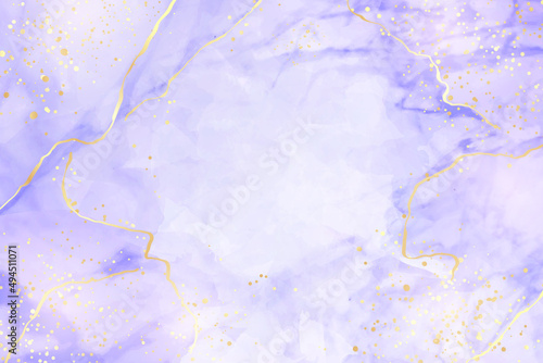 Violet lavender liquid watercolor marble background with golden lines. Pastel purple periwinkle alcohol ink drawing effect. Vector illustration design template for wedding invitation, menu, rsvp