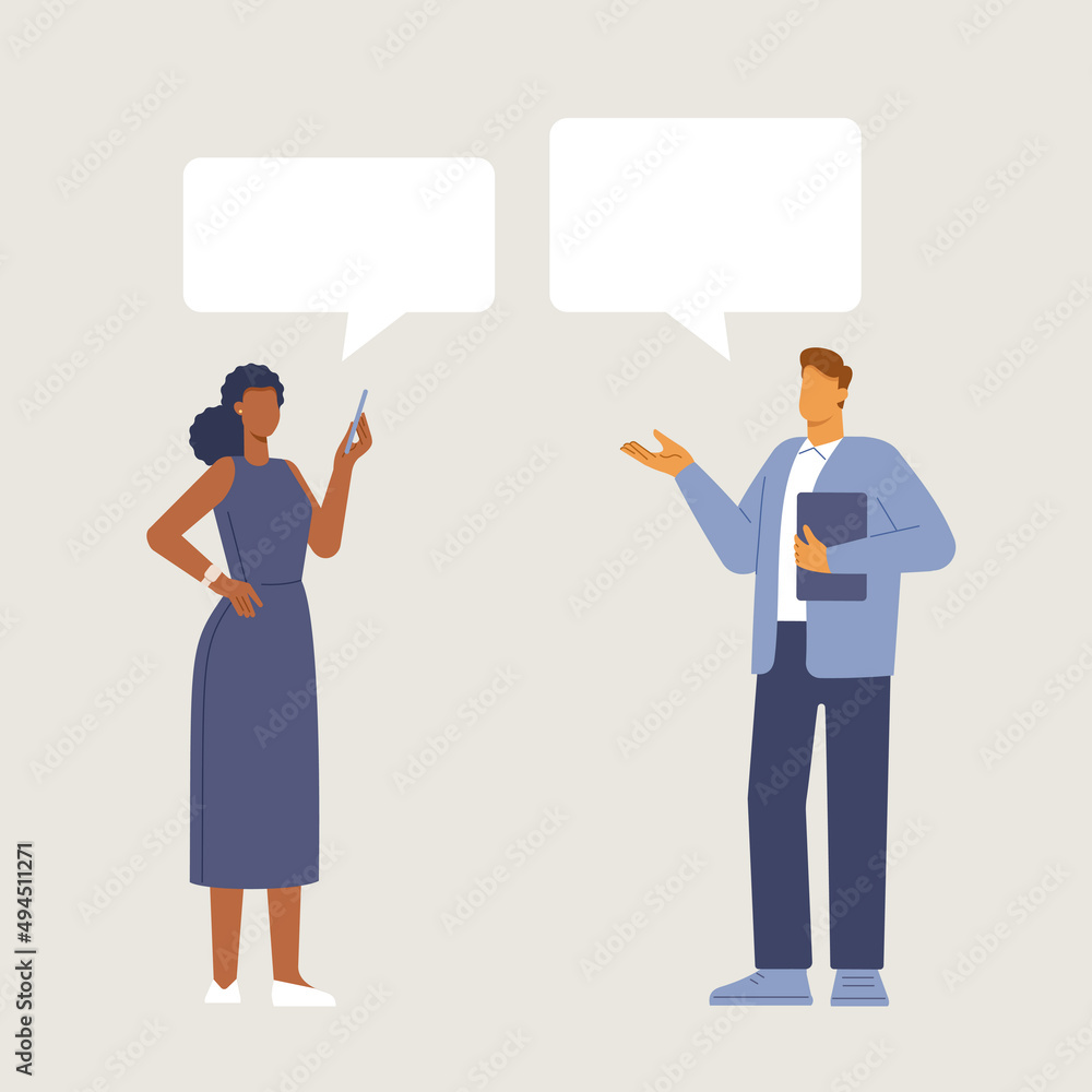 Business men and women. Сolleagues communication with speech bubbles ...