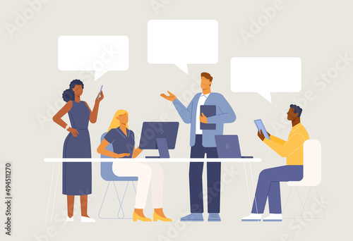 Teamwork in office. Workspace with creative people standing and sitting at the table and working together. People chatting with speech bubbles. Vector illustration, flat design. 