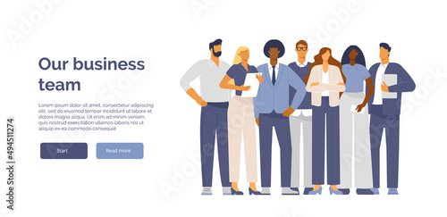 Business men and women. Multinational team of young professionals standing in full growth together. Vector illustration for web design, banner. Isolated on white, flat design.  