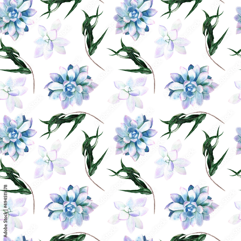 Watercolor seamless pattern with blue succulents and greenery on a white background