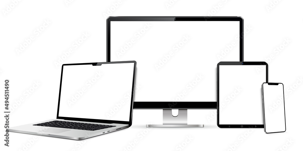 Realistic computer screen, laptop, tablet, phone