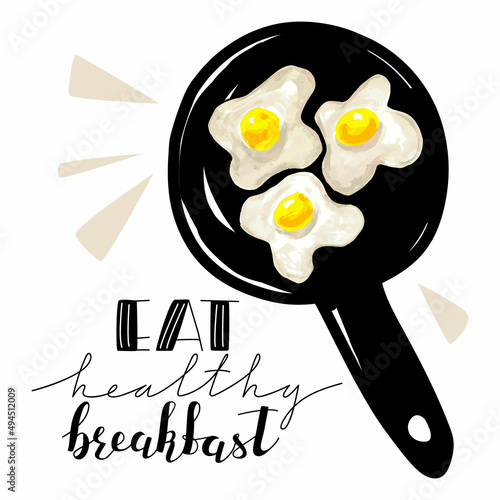 Vector illustration with a frying pan and fried eggs in it. Lettering Eat healthy breakfast. The concept of breakfast, lunch.