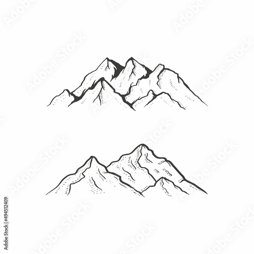 Mountain icon logo vector illustration for adventure outdoor sport graphic design. Top landscape shape with sketch line art hand drawn style