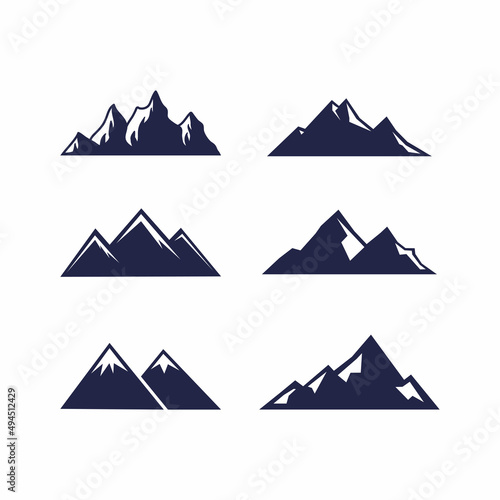 Mountain icon logo vector illustration for outdoor sport graphic design. Set of silhouette top landscape art concept.