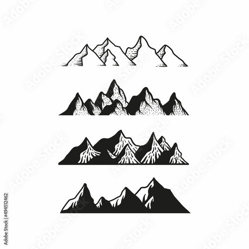 Mountain icon logo vector illustration for adventure outdoor sport graphic design. Black top landscape drawing vintage for climbing or hiking sport concept.