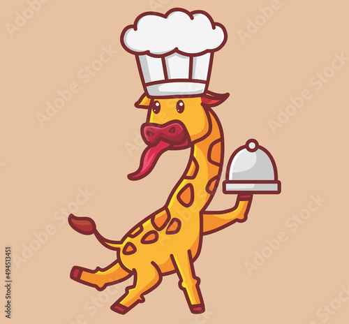 cute giraffe bring a food. cartoon animal nature concept Isolated illustration. Flat Style suitable for Sticker Icon Design Premium Logo vector. Mascot Character