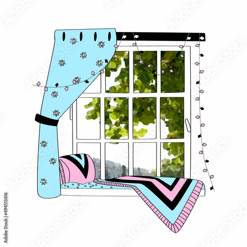 Vector isolated cozy illustration with large square window and view of nature, park, green trees, sky from window. There are interior elements in form of bed linen on windowsill, curtains, garlands.