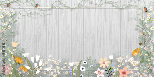 Spring background with cute flower border on wooden wall background, Vector illustration horizontal backdrop of blooming flora frame on wood panel textured,Holiday banner for Springtime or Summer sale
