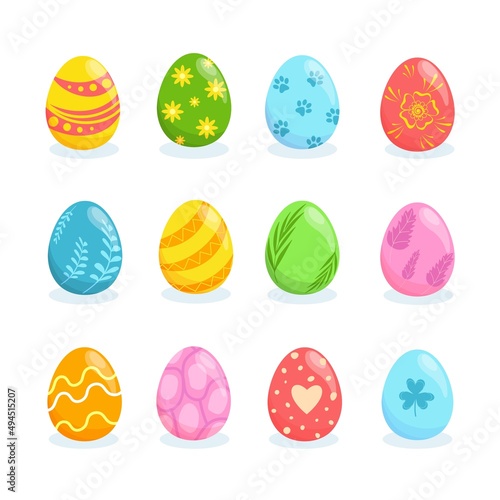 Colorful realistic Easter eggs with various geometric and herbal ornaments. Set of modern symbols, cartoon vector objects