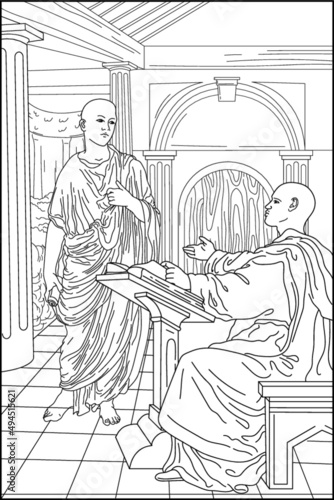 Library. Coloring book for adults. Tibetan monks. The teacher is a monk. School of monks. Ancient world. Black and white vector illustration.