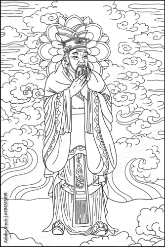 Coloring book for adults. Chinese monk in national dress. Ancient world. Vector image.