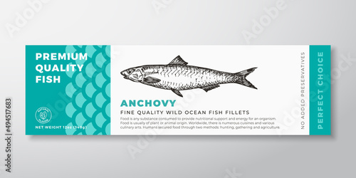 Premium Quality Anchovy Vector Packaging Label Design Modern Typography and Hand Drawn Fish Silhouette Seafood Product Background Layout