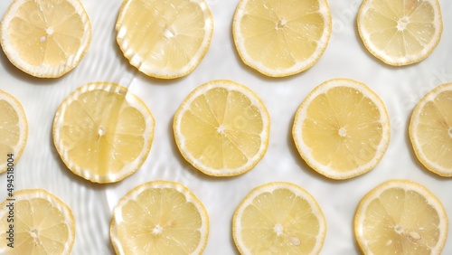 Waves and splashes on water surface over lemon slices arranged in lines on white background | skincare background, face wash commercial photo