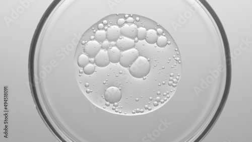 Close-up top view macro shot of gel with different sized bubbles in petri dish on light grey background | Abstract skin care gel with hyaluronic acid formulating concept