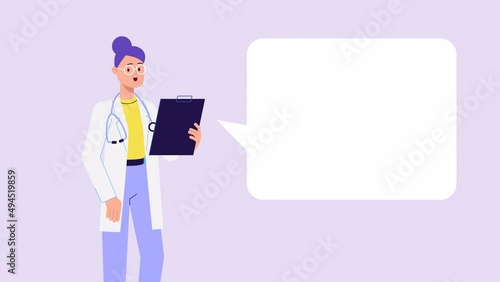 lip syncing Facial Animation for narration. female character doctor speaking, speech bubble, copy space medical worker animated footage in 2d flat style. talking mouth, lips expressions, articulation  photo