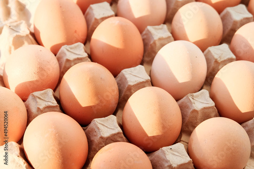 Eggs are brown in paper packaging in the sun. Dietary farm product. Agriculture. Easter price increase. Copyspace.