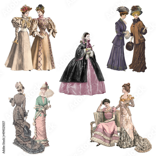 Obraz na plátně Victorian and edwardian Ladies in fashionable dresses of the time