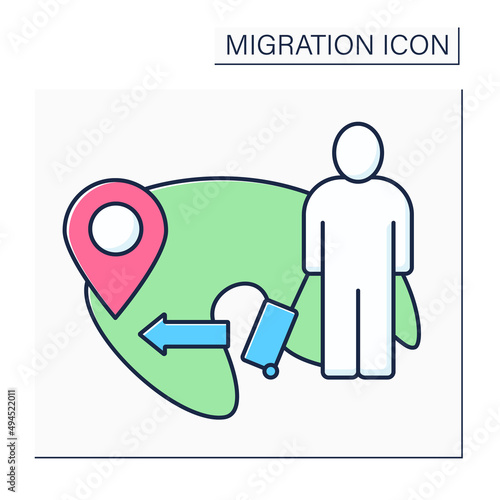 Emigration color icon. International people movement to destination country. Leave native country to live in another. Forced relocation.Migration concept. Isolated vector illustration