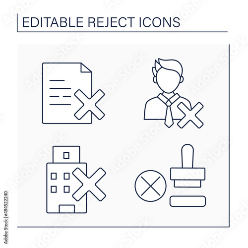 Rejection line icons set. Refuse to accept documents. Rejected candidate, seal, hotel. Unacceptance. Cancellation concept.Isolated vector illustrations. Editable stroke