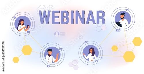 Online webinar Video conference Remote communication with distant live videocall Chat messages Talking Conversation or virtual digital meeting items vector illustration Presentation discussion Meetup