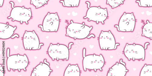 White Kawaii Cats or kittens in funny poses - vector seamless pattern. Cute baby cats for print or sticker design.  Adorable kawaii animals on pink background