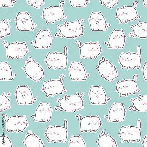 Cute Kawaii Cats or kittens in funny poses - vector seamless pattern. Funny cartoon fat cats for print or sticker design.  Adorable kawaii animals on blue background