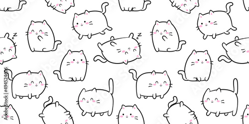 Cute Kawaii Baby Cats or kittens in funny poses - vector seamless pattern. White funny fat cats for print or sticker design.  Adorable kawaii animals on white background
